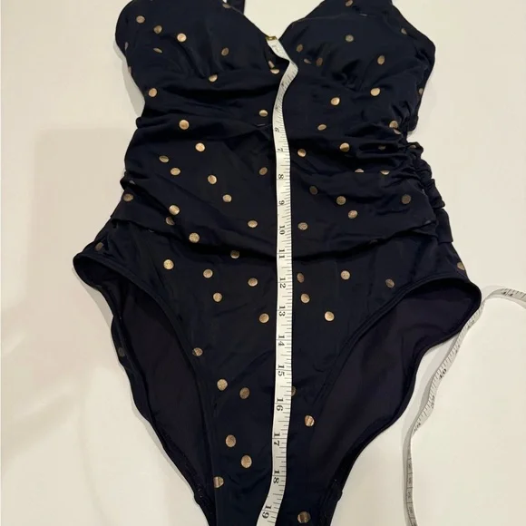 Boden Amalfi Navy Blue Gold Polka Dots One Piece Bandeau Swimsuit Mod Sz 4R - Picture 3 of 7